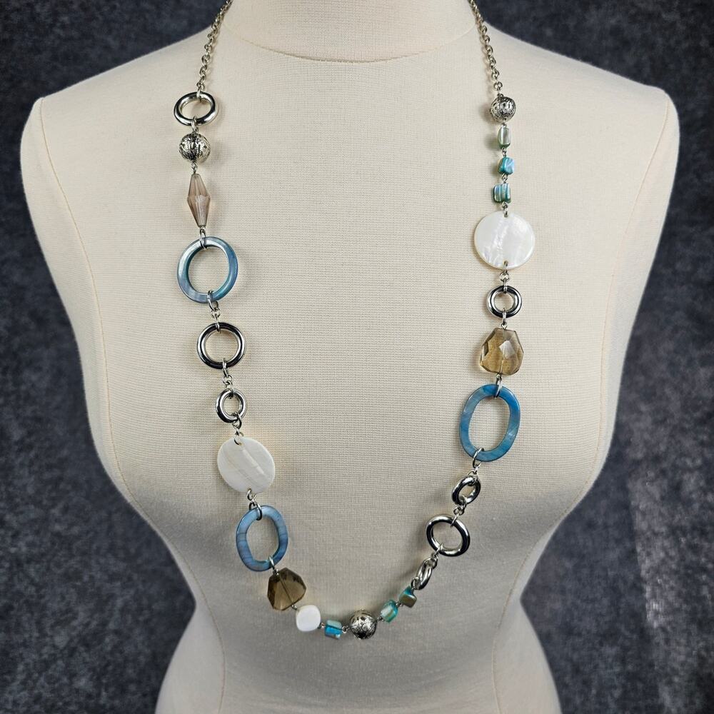 Lia Sophia Victoria Long Statement Necklace Mother Of Pearl Glass Acrylic 40"
